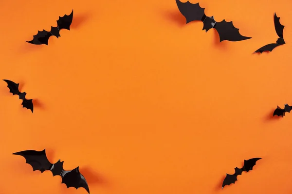 Feliz Halloween Plana Mentira Maqueta Con Murciélagos Negros Sobre Fondo — Foto de Stock