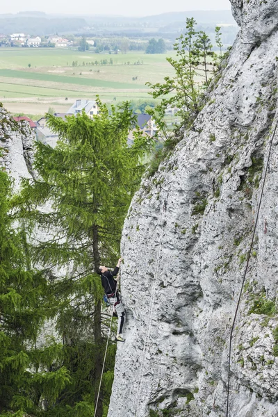 Adam yüksek ve dik kayalık duvar tırmanışı. — Stok fotoğraf