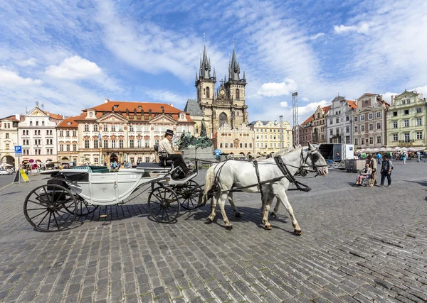 Hästskjuts väntar på turister på gamla torget i Prag. — Stockfoto