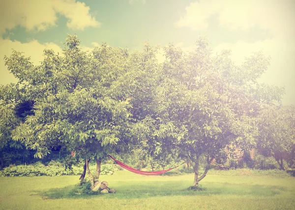 Vintage stiliserade hängmatta under träd på solig dag. — Stockfoto
