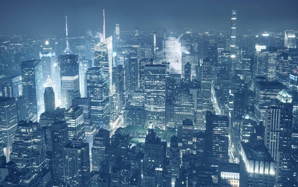 Вид Воздуха Манхэттен Туманную Ночь Цветной Тонинг Нью Йорк Сша — стоковое фото