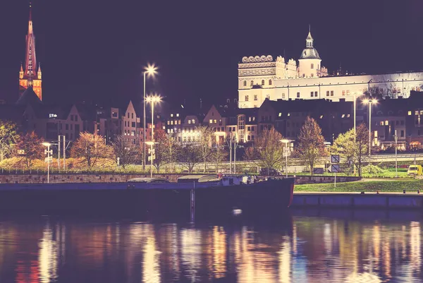 Odra River Waterfront Ducal Castle Szczecin Night Color Toning Applied — Stock Photo, Image