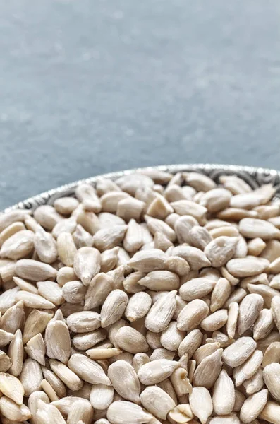 Close Picture Raw Sunflower Seed Kernels Bowl Selective Focus Space — Stock fotografie