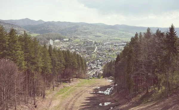 Retro Toned Picture Pienin Mountains Town Szczawnica Distance Poland — Stock Photo, Image