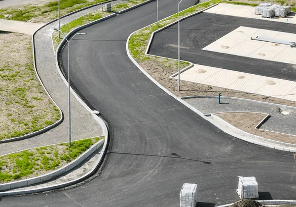 Widok Lotu Ptaka Nowy Plac Budowy Ulicy Parkingu — Zdjęcie stockowe