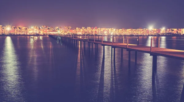 Long Wooden Sea Pier Night Color Toning Applied — Stock Photo, Image