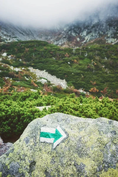 霧の多い秋の日に巨人山脈の岩に描かれたトレイルマーキング矢印 カラートーンが適用され 選択的な焦点 ポーランド — ストック写真