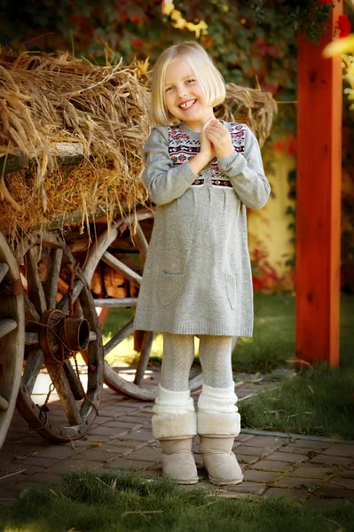 Cute dziewczynka stojący w pobliżu wóz z sianem — Zdjęcie stockowe