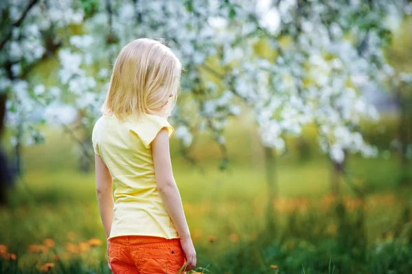 Roztomilá holčička stojí pod stromem — Stock fotografie