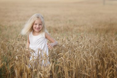küçük kız buğday bir alana yürür