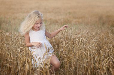 küçük kız buğday bir alana yürür