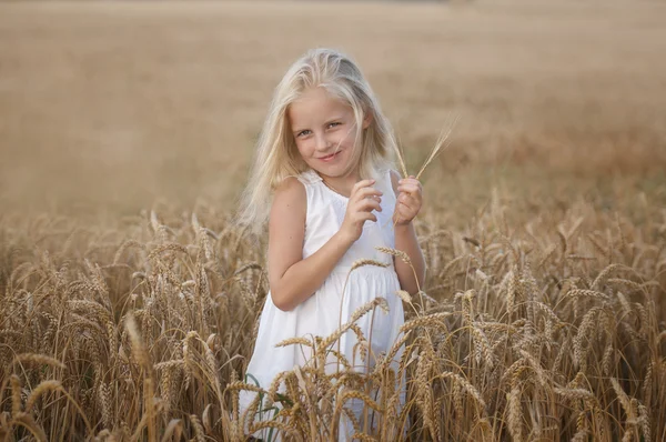 Little girl walks on a field of wheat — Stock Photo, Image