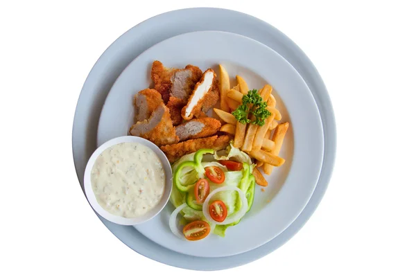 Pollo tiras y patatas fritas combo sobre fondo blanco — Foto de Stock