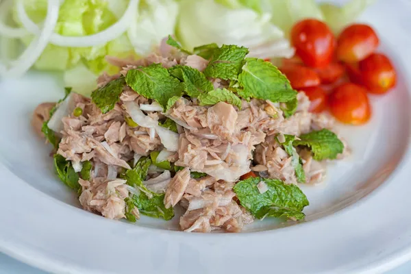 Fresh chopped tuna salad with spinach — Stock Photo, Image