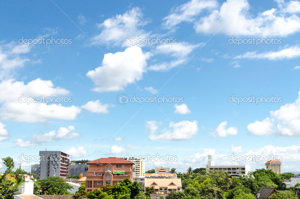 landscape or cityscape green city and blue sky with cloud closeu