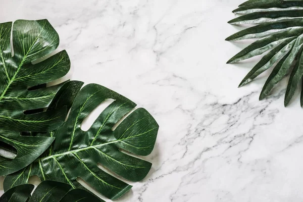 Tropikal yaprak ve çiçek yapılmış yaratıcı doğa düzeni. Düz yatıyordu. Yaz konsepti.