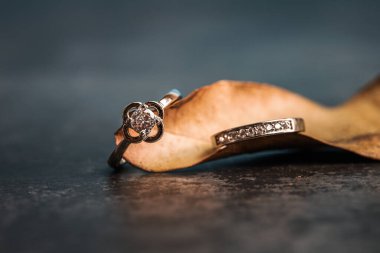 Yaprağın üzerine yerleştirilmiş elmas bir nişan yüzüğünün yakın çekimi. Aşk ve düğün kavramı.  