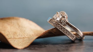 Yaprağın üzerine yerleştirilmiş elmas bir nişan yüzüğünün yakın çekimi. Aşk ve düğün kavramı.  