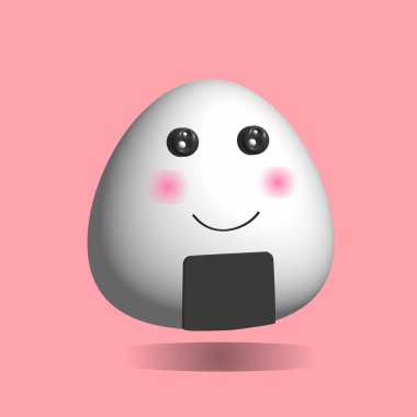 Onigiri Japon pirinç topu çizgi film üçgeni pembe arka planda izole. Japon yemeği, Japon pirinci onigiri ve karikatür deniz yosunu.