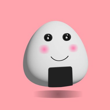 Onigiri Japon pirinç topu çizgi film üçgeni pembe arka planda izole. Japon yemeği, Japon pirinci onigiri ve karikatür deniz yosunu.