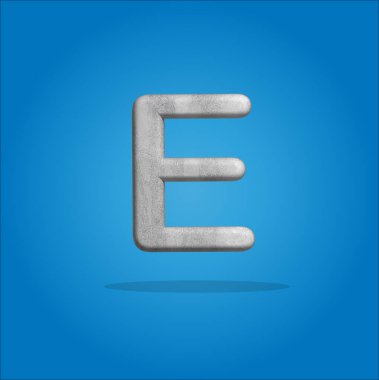 Gri E harfi logosu mavi arkaplandan izole edildi. 3B illüstrasyon