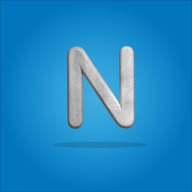 Gri harf N logosu mavi arkaplandan izole edildi. 3B illüstrasyon