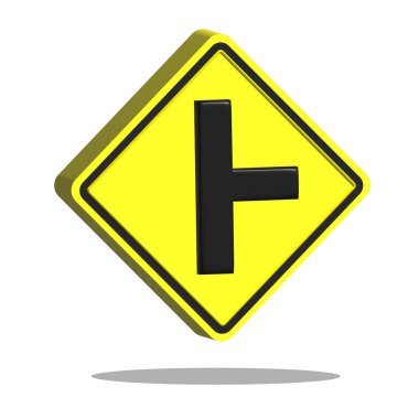 Tellow trafik karesi şekilli T-Junction 'un beyaz arkaplanda 3 boyutlu illüstrasyonu