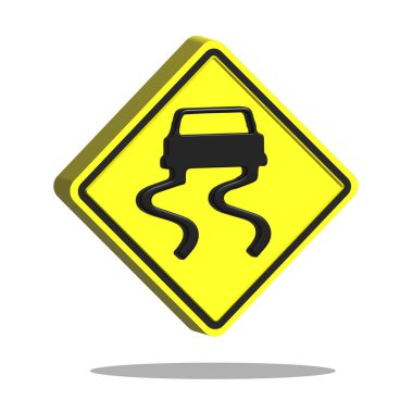 Sarı trafik etiketinde 3D gerçekçi kaygan yol tabelası