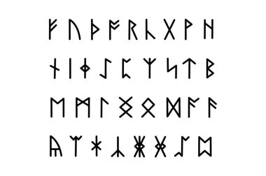 Bir dizi İskandinav mührü. İzlanda sembolleri koleksiyonu var. Viking alfabesi. Kelt işareti. Sihirli rünler.