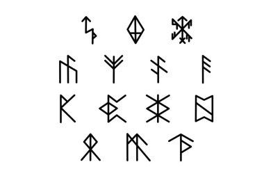 Bir dizi İskandinav mührü. İzlanda sembolleri koleksiyonu var. Viking alfabesi. Kelt işareti. Sihirli rünler.