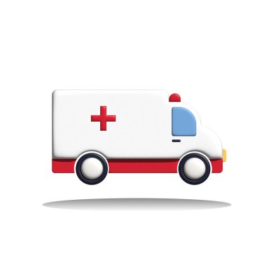Üç boyutlu gerçekçi beyaz ambulans arabası, tıbbi minibüs. Sağlık hizmetleri, sağlık hizmetleri, acil durum kavramı.