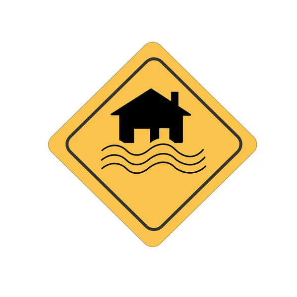 Flood Disaster Yellow Sign House Waves Yellow Sign Isolated White — Stock Photo, Image