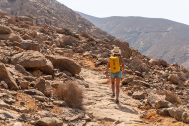 Fuerteventura, Kanarya Adaları 'nın batı kıyısındaki Mirador de la Penitas' a doğru giden kanyon yolunda yürüyen genç bir kadın. İspanya