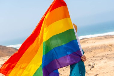 Yeşil elbiseli ve deniz kenarındaki LGBT bayrağı eşcinselliğin sembolü olan tanınmamış bir lezbiyen.