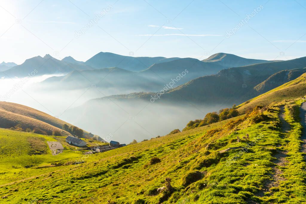 Sunrise at the top of Mount Larrau. In the forest or jungle of Irati, Pyrenees-Atlantiques of France