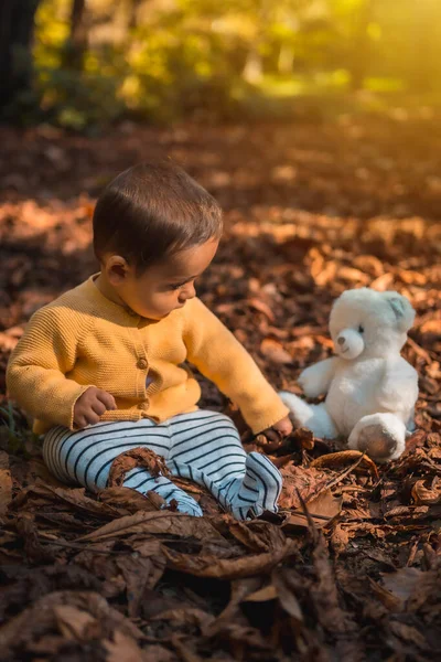 Bébé Six Mois Assis Dans Les Feuilles Des Arbres Avec — Photo