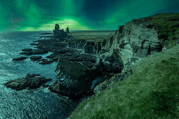 Landscape Snaefellsnes Peninsula Night Beautiful Northern Lights Iceland — Stock Photo, Image