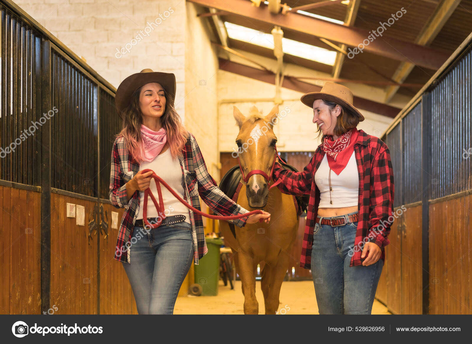 Retrato de camisa xadrez de menina com cavalo preto na fazenda de cavalos.