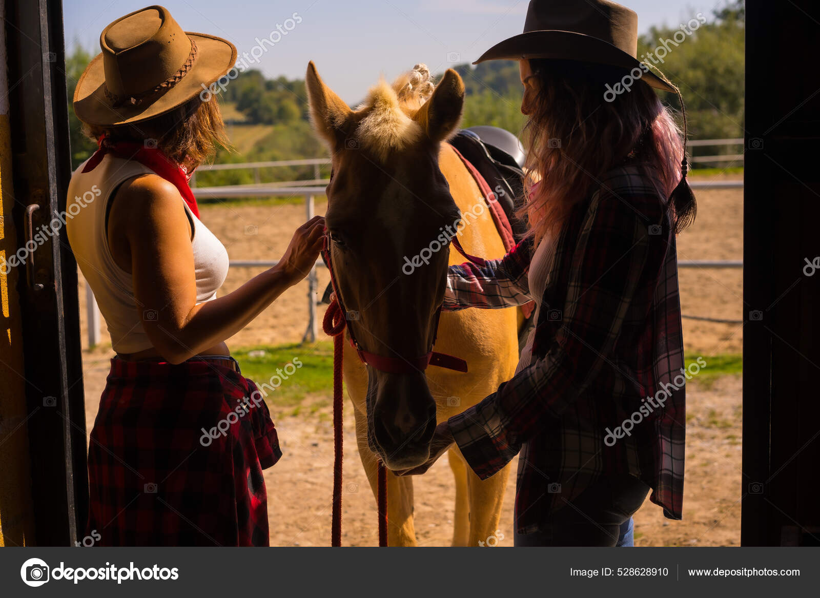 Retrato de camisa xadrez de menina com cavalo preto na fazenda de cavalos.