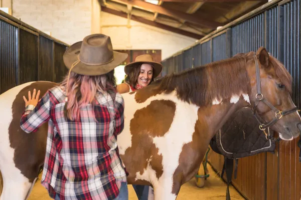 Zwei Lächelnde Cowboy Frauen Beim Putzen Eines Pferdes Stall Südliche — Stockfoto
