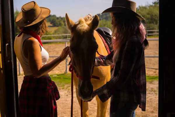 Silhouet Van Twee Cowgirl Vrouwen Die Stal Binnenkomen Met Een — Stockfoto