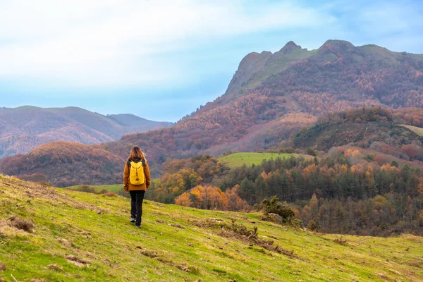 Eine Junge Frau Auf Dem Gipfel Des Erlaitzgebirges Herbst Dorf — Stockfoto