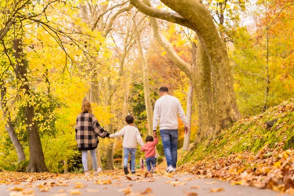Семья Гуляющая Красивому Парку Осенью — стоковое фото
