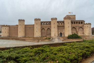Palace of the Aljaferia of the Hudie kings of Saraqusta in the city of Zaragoza, next to the Ebro river in Aragon. Spain clipart