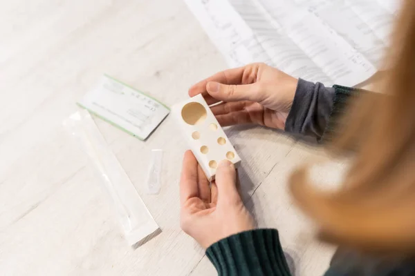 Previous Preparations Young Woman Doing Rapid Antigen Test Her Home — Stockfoto