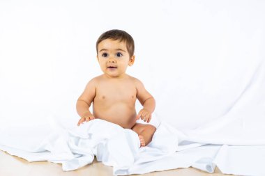 Baby boy in a studio with a white background, eight month old Caucasian newborn sitting, playing with a cloth