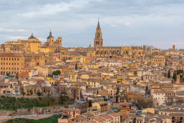 Panoramic in the early hours of the medieval city of Toledo in Castilla La Mancha, Spain. View from the Ermita del Valle. Alzacar and Santa Iglesia Primada.