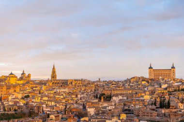 Toledo medieval city of Castilla La Mancha from the mountain, Spain. View from the Ermita del Valle. Alzacar and Santa Iglesia Primada.