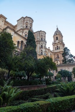 View of the cathedral and its gardens of the Incarnation of the city of Malaga, Andalusia. Spain