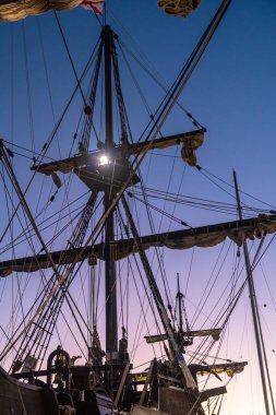 Detail of the old ship in the promenade of Muelle Uno in the Malagaport of the city of Malaga, Andalusia. Spain